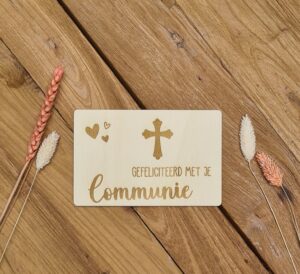 houten kaart communie hartjes